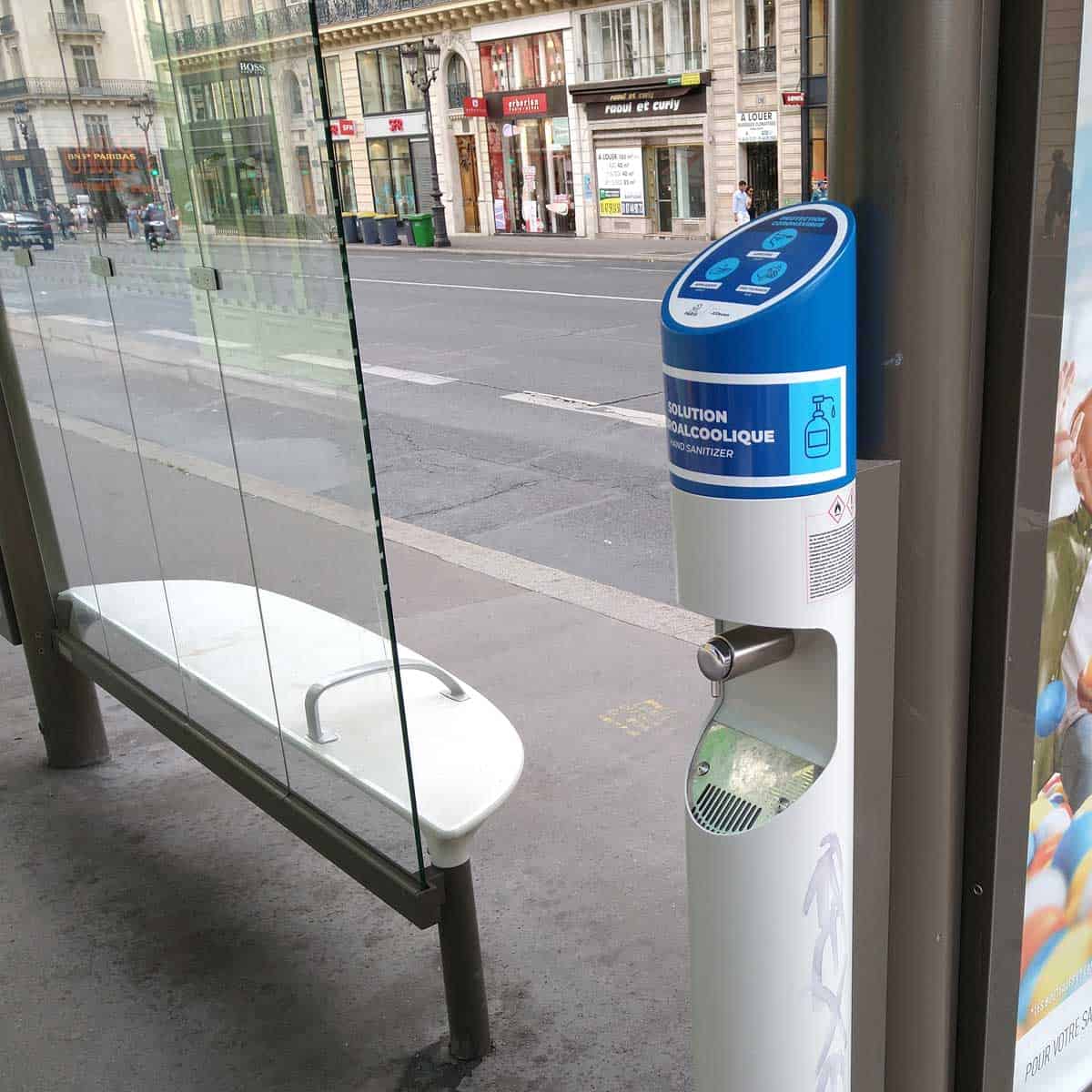 Gel dispensers at all the bus stops in Paris